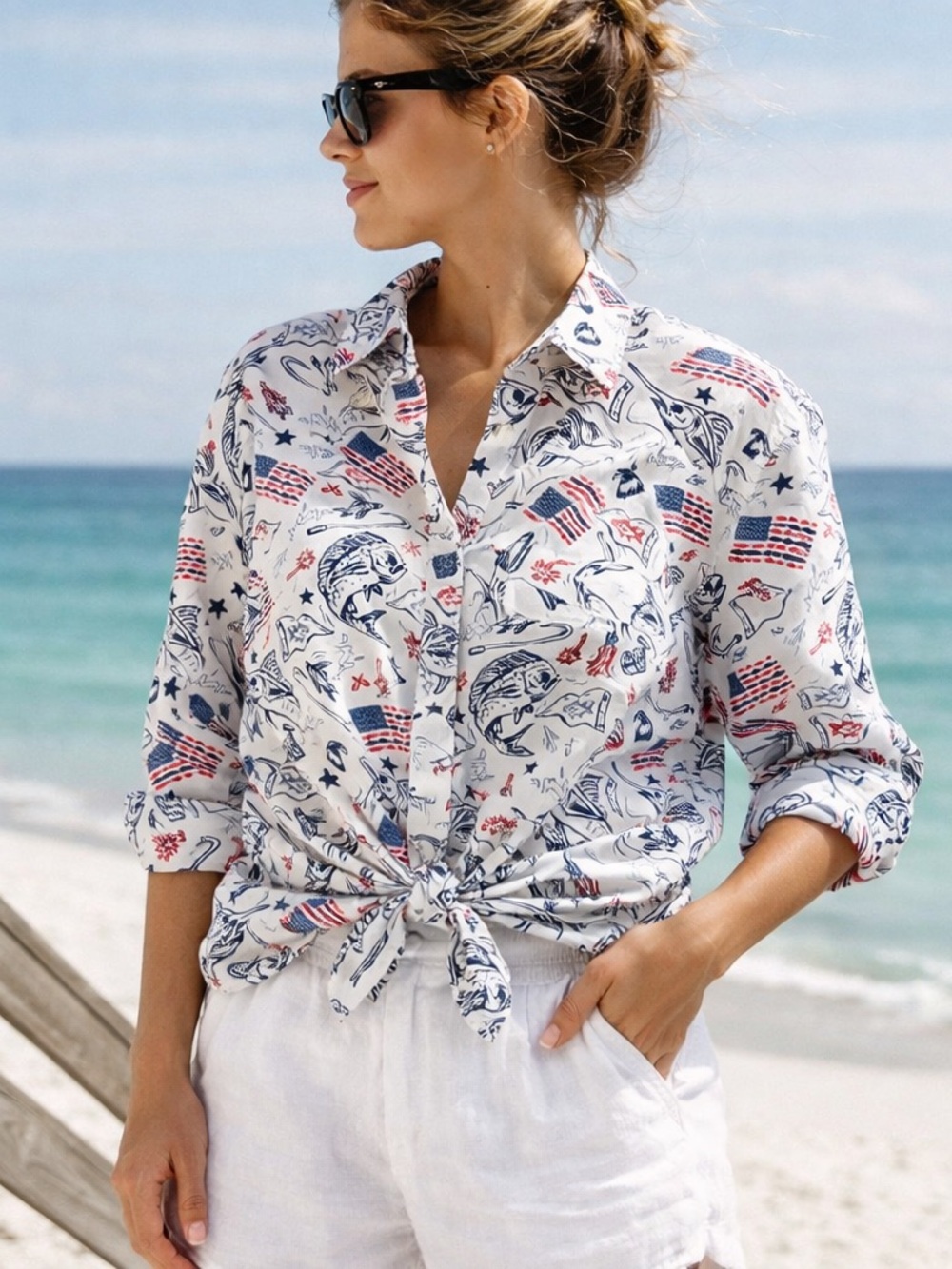 Columbia PFG Womens Slack Water Americana Fishing Print Button Up Medium Coastal